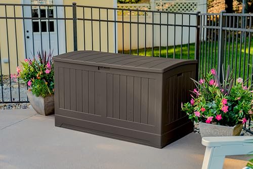 Suncast Extra Large 200 Gallon Deck Box - Resin Outdoor Storage Box for Patio Cushions, Outside Toys, Garden Tools & Pool Supplies, Weatherproof Lockable Outdoor Storage Bin, Peppercorn