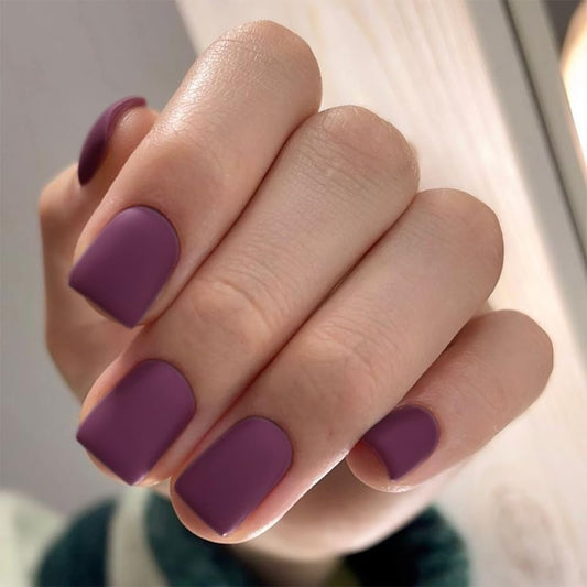 Matte Plum Press on Nails Short Square, Gel Nails Glue on 2025 Fall Colors Acrylic Nails Press ons Featured Protective Coat Thick Reusable Fake Nails 24Pcs Short Coffin Artificial Nails