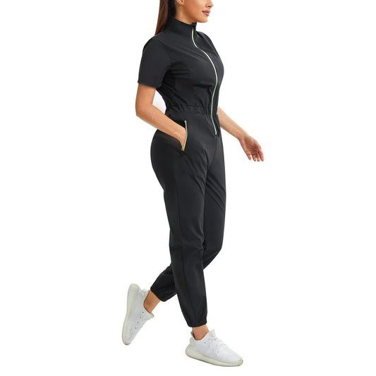 Junlan Sauna Suit for Women Sweat Jumpsuit Stand Collar Heat Trapping Shirt for Women Workout Sports(Black,Large)