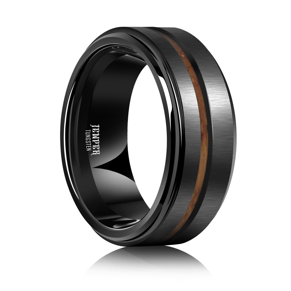 JEWPER 8mm Men Womens Wedding Band Tungsten Rings Black Fashion Promise Carbide Inlaid whiskey barrel wood Outer ring step edge sanding Matte Finish Edge Comfort Fit size(13)