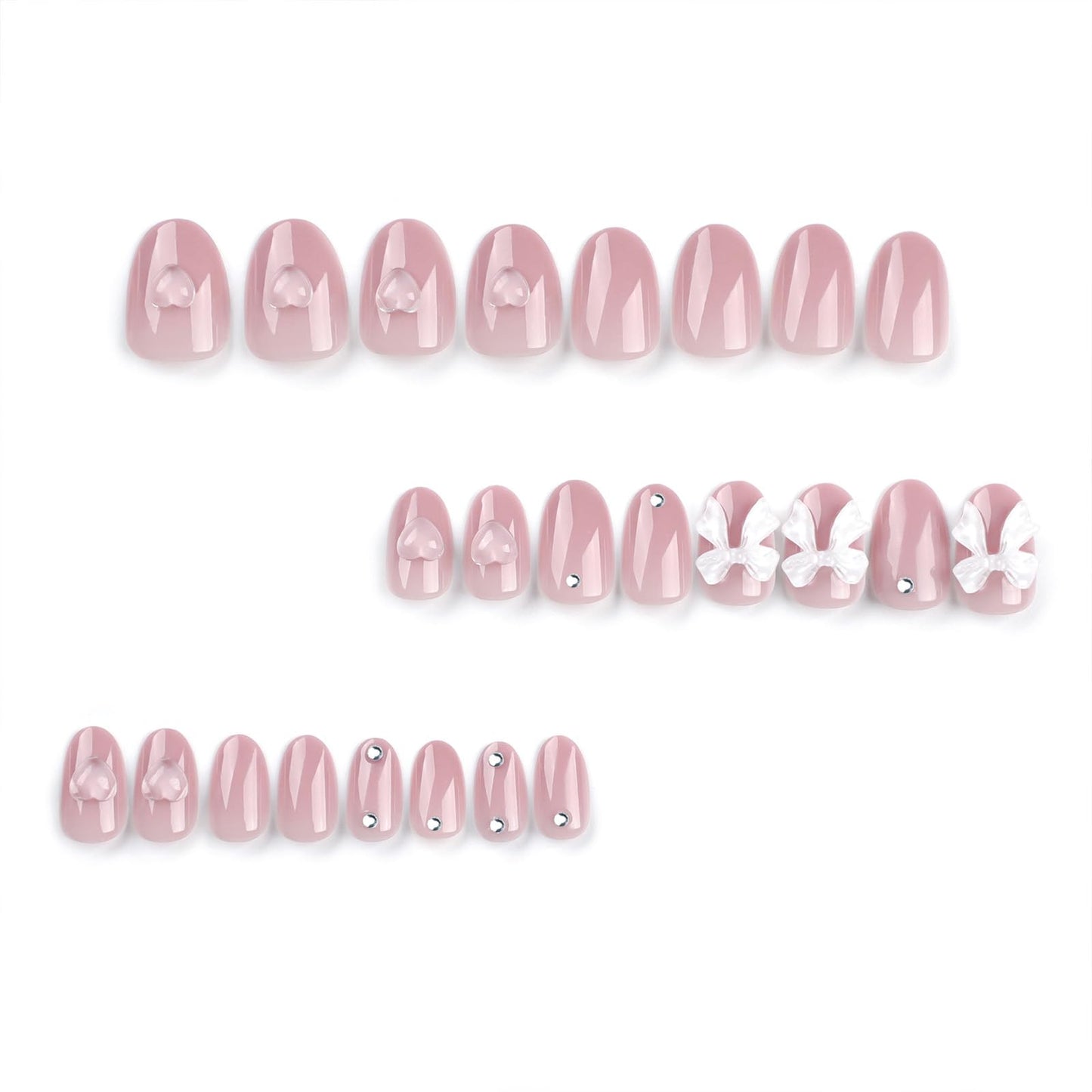 SINHOT Heart Press on Nails Medium Square Fake Nails Glossy Glue on Nails 3D Butterfly Squoval Rhinestones Acrylic Nail Valentines Day Stick on False Nail with Design 24 pcs