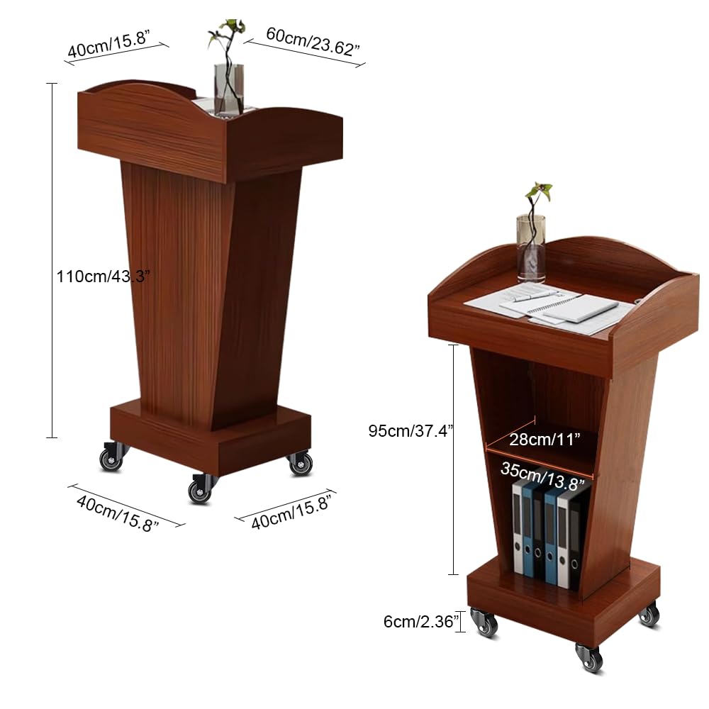 BGEDL Wooden Podium with 4 Lockable Wheels, Steady Floor Standing Speaking Lectern Stand, Portable Podium Stand Reception Desk, Wood Rolling Lecture Podium Pulpit for Churches Classrooms Speeches