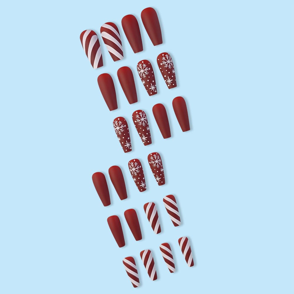 Christmas Press on Nails Long - Coffin Fake Nails with Snowflake Stripes Design - Red Full Cover Stick on False Nails -for Women 24 Pcs