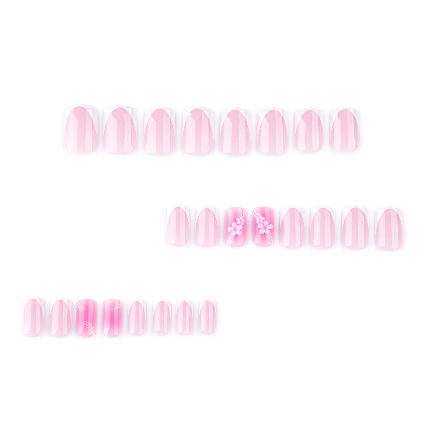 Pink Flower Press on Nails Medium Square Fake Nails White French Tip Acrylic False Nails with Spring Floral Designs Glue on Nail Glossy Artificial Nails Full Cover Stick on Nail for Women 24Pcs