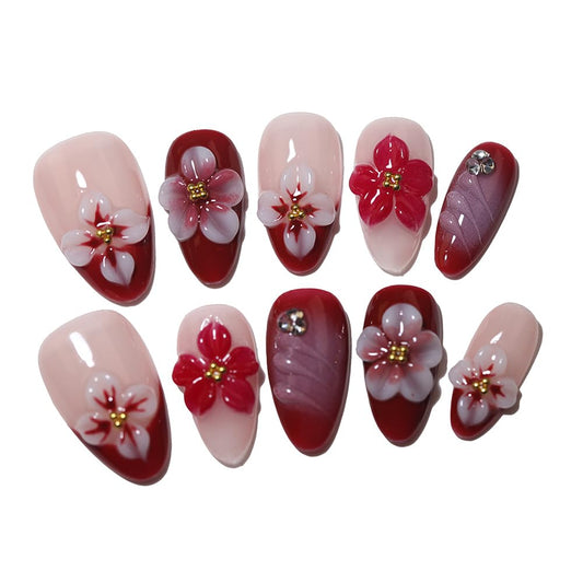 10 short Almond Handmade Press On Nails | 3D Floral Red & Nude Romantic Cherry Blossom Design with Rhinestones,New styles | Skip Salon Trips, Easy to Apply & Remove, Reusable (251108, XS)