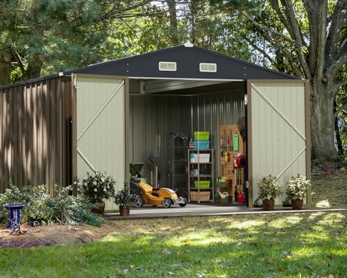 Greesum 10x10FT Outdoor Storage Shed, Utility Tool Shed Metal Storage Shed with Door & Lock for Patio Storage, Garden, Lawn, Brown