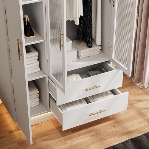 GarveeHome Bedroom Armoire Wardrobe Closet with 3 Doors & 2 Drawers, 71" Tall Wooden Large Armoire Storage Cabinet with Modern Fluted Glass & Shelves, w/Hanging Rod, Sturdy Frame, for Bedroom, White