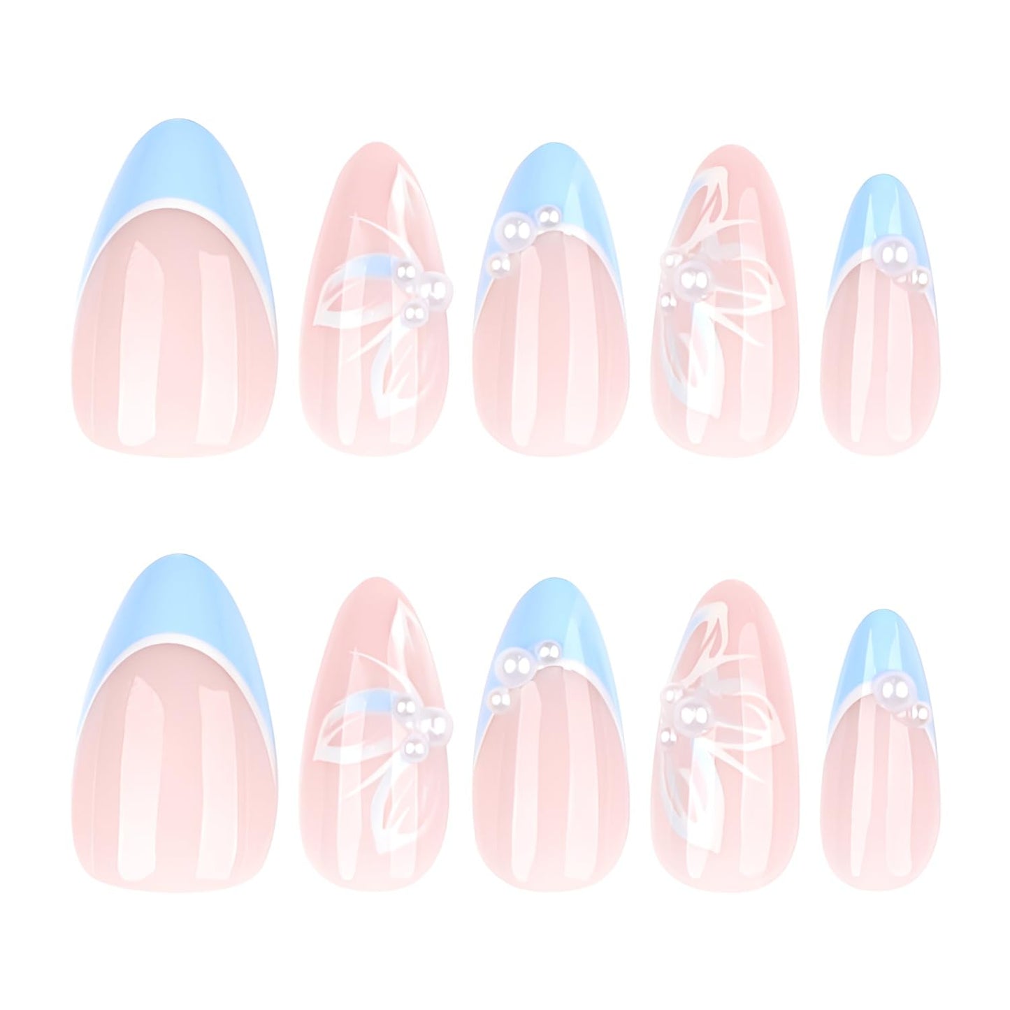 French Tip Press on Nails Medium Almond Fake Nails Flower Nails Press Ons with Pearl Design Glossy Full Cover False Ons Nail Spring Summer Glue on Nail DIY Acrylic Stick on Nail for Women 24Pcs