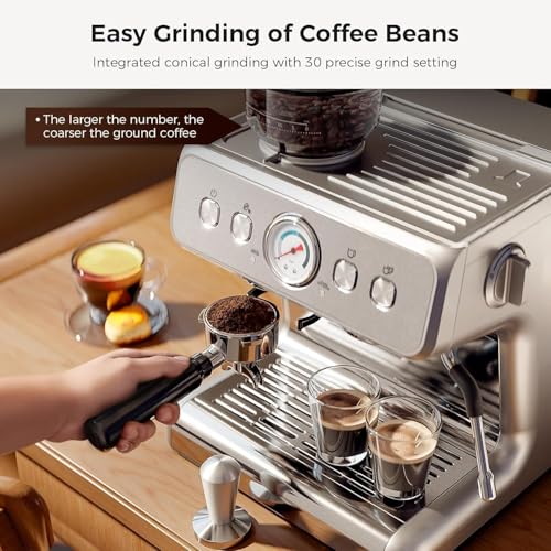 Kismile Espresso Machine with Grinder,20 Bar Expresso Coffee Machines,Espresso Maker with 30 Grind Settings, Milk Frother Steam Wand，Expresso Machines for Home, Perfect for Cappuccino, Latte