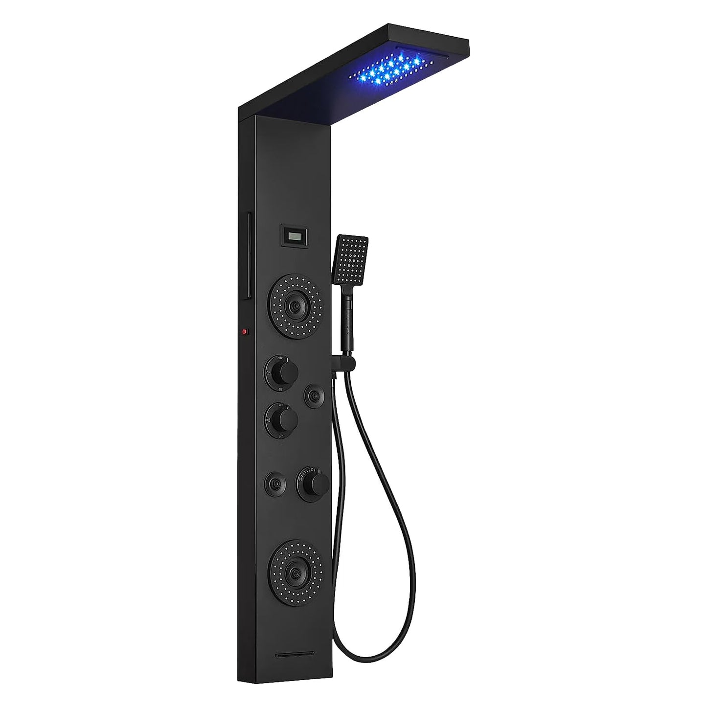 BWE Shower Panel with LED Rainfall Waterfall Shower 6-Function Faucet 4 Mist Jets 2 Body Sprays with Handheld and Waterfall Tub Spout Shower Tower System Matte Black
