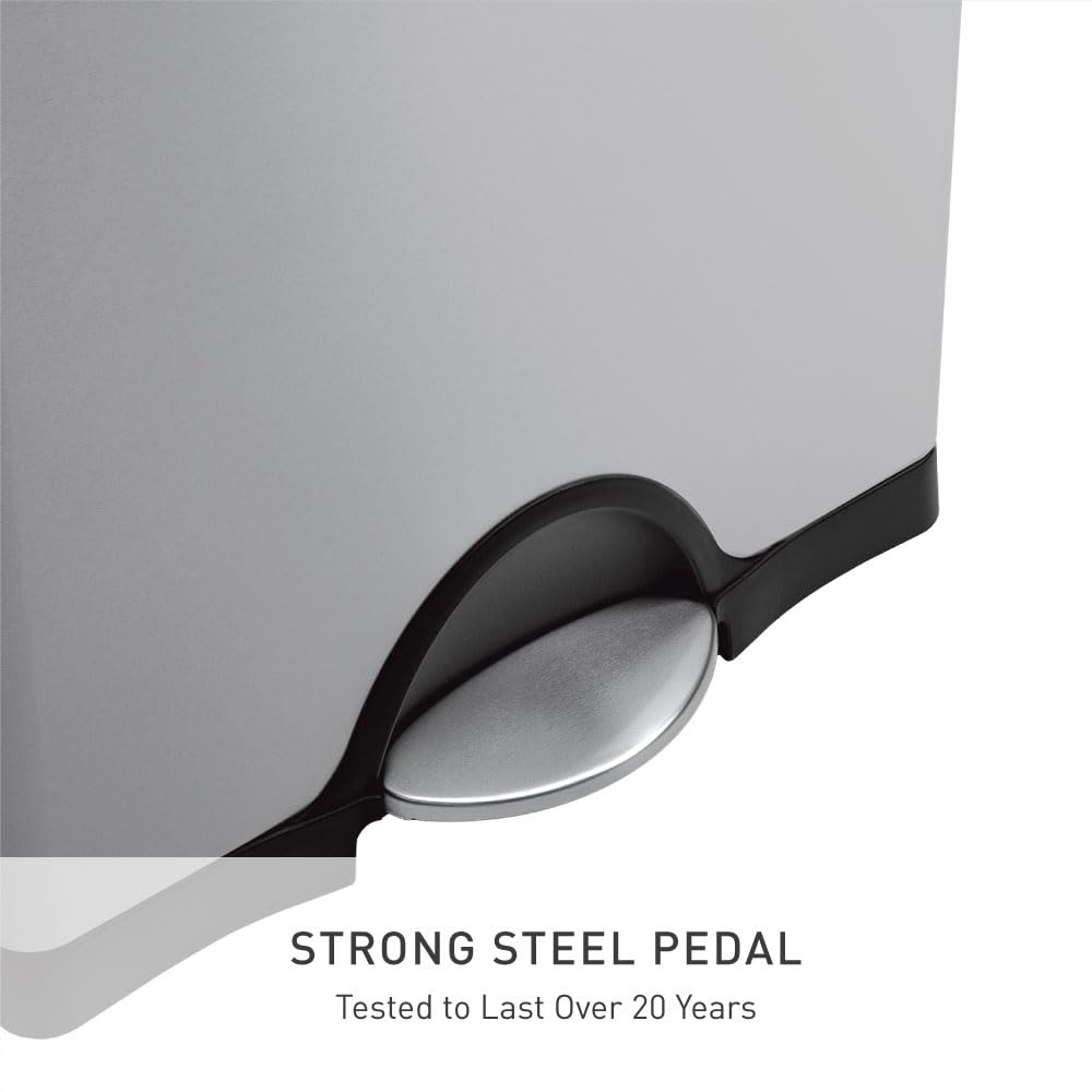 simplehuman Rectangular Dual Compartment Recycling Kitchen Step Trash Can, 46 Liter, Brushed Stainless Steel