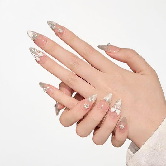 10PCS Luxury Handmade Press On Nails Nude Gradient Cat's Eye with Pearl Bow & Sparkling Rhinestones for Wedding & Party Reusable Almond Fake Nails Design Gift For Women and Girls (A021, S)