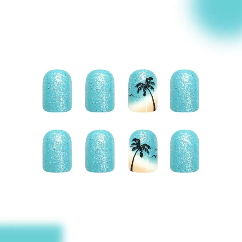 CTTHNBD Short Press on Nails Square - Blue Fake Nails with Coconut Tree Design - Glossy Glitter Full Cover Stick on Nails for Women 24 Pcs