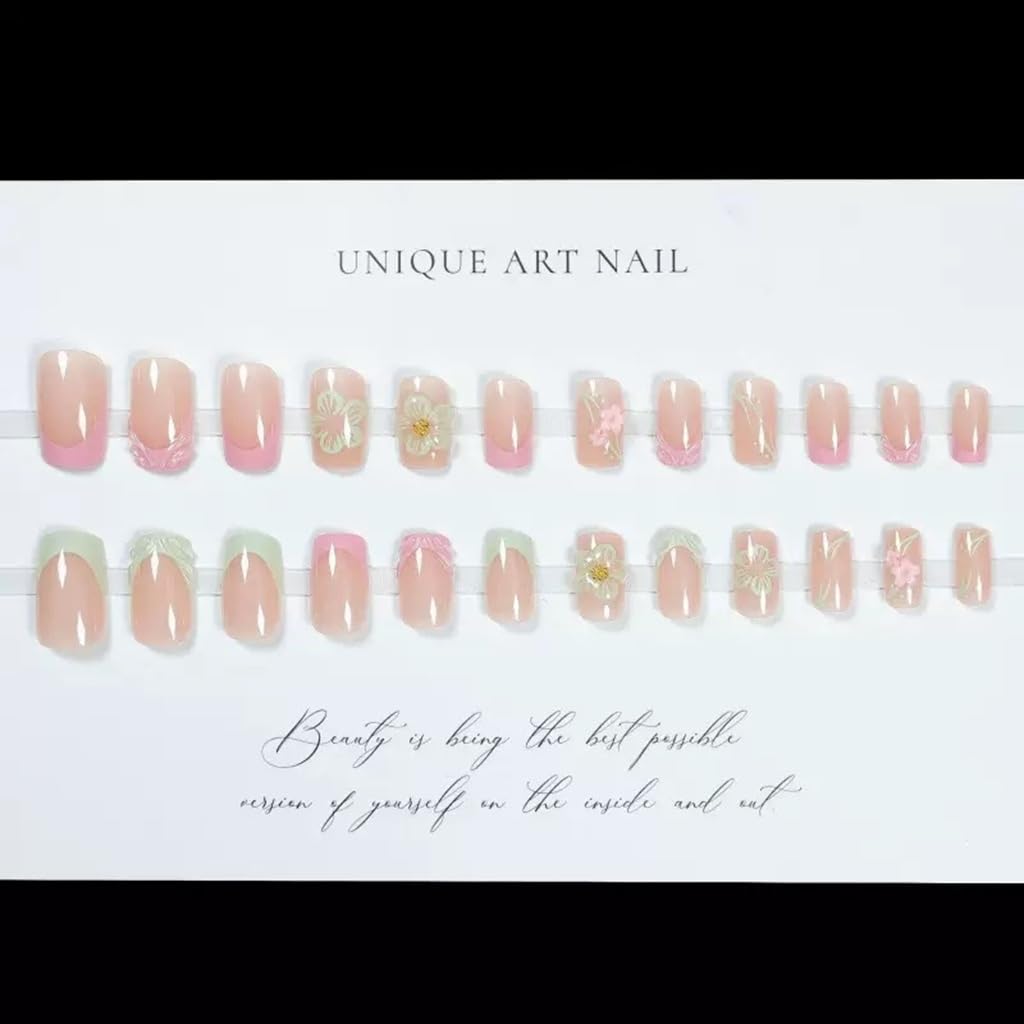 CTTHNBD Square Press on Nails - Medium Fake Nails with Flower Design - Green, Pink French Tip False Nails Press ons - for Women 24 Pcs