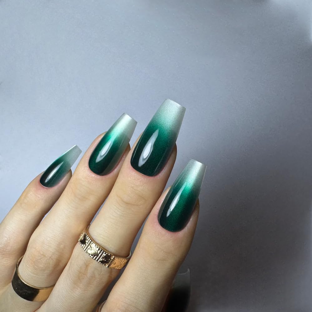 Redykat Handmade 24PCS Glossy Coffin Press On Nails, Extra Long Emerald Green Fake Nails, Gel Green Ombre Cat Eye False Nails, Salon Quality Nail art, Home Quick Manicure……… (Jade)