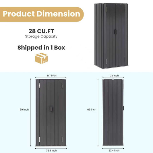 Greesum Outdoor Metal Storage Cabinet, 69'' Lockable Tall Shed, Vertical Tool Organizer with 2 Adjustable Shelves, for Garage, Patio, Backyard, Home & Lawn, Black