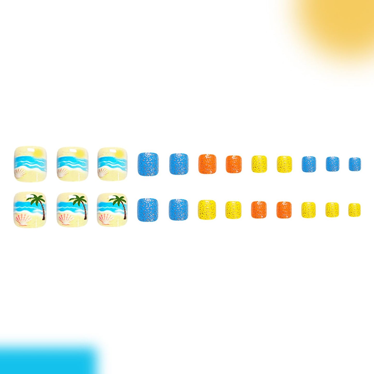 Summer Beach Press on Toenails,Short Square Fake Toenails with Coconut Trees Shells Designs Colorful Glitter Toe Nail Press Ons Full Cover Acrylic Glossy Stick on Toe Nails for Women 24Pcs