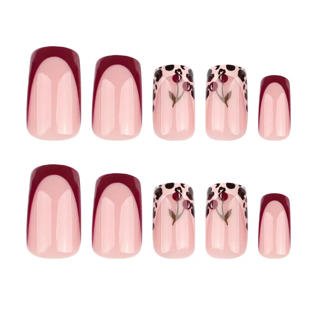 Square Press on Nails Short - French Tip Fake Nails with Leopard Print Cherry Design - Winter Nails Press ons - for Women 24 Pcs