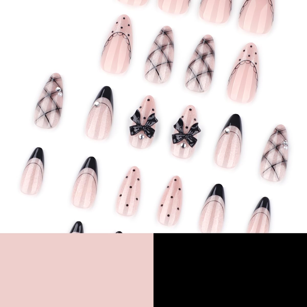Black Press on Nails Medium Almond Fake Nails Cute Nails Press ons with Polka Dots,Black Bows,Plaid Design Glitter Reusable Artificial Nail Full Cover Glue on Nails for Women Manicure 24Pcs