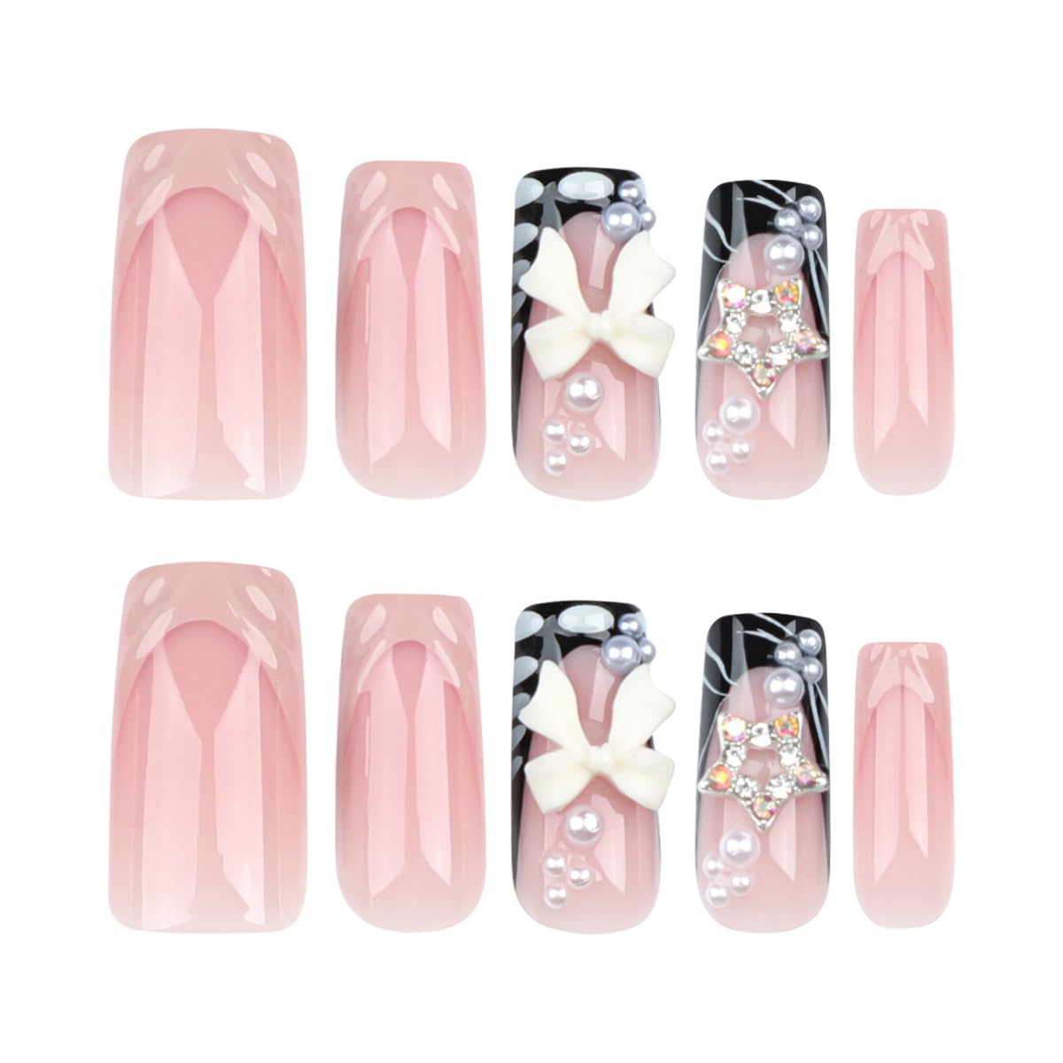 Medium Square Press on Nails Bow Fake Nails Black French Tip False Nails Press ons with 3D Bow Star Pearls Designs Reusable Acrylic Nails Full Cover Artificial Stick on Nails for Women Manicure 24Pcs