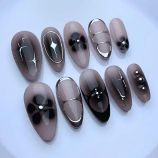 24 Pcs Pink Press on Nails Short Almond,MINGCHUN Black Ombre Fake Nails Press ons Acrylic Nail Art Tips Kit Full Cover False Nails Glue on Nails with Flower Silver Starburst Design for Women