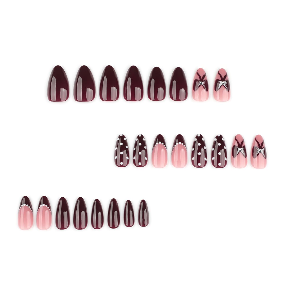Medium Almond Press on Nails - Wine Red Fake Nails with Bow, Polka Dot Designs False Nail French tip Glue on Nails Reusable Full Cover Stick on Nail for Women Manicure 24Pcs