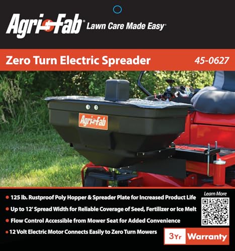 Agri-Fab 45-0627 Zero Turn Mower Electric Spreader, 125 lb Hopper Capacity, Grass, Seed, and Fertilizer Spreader, Spread Width up to 12 ft, Black