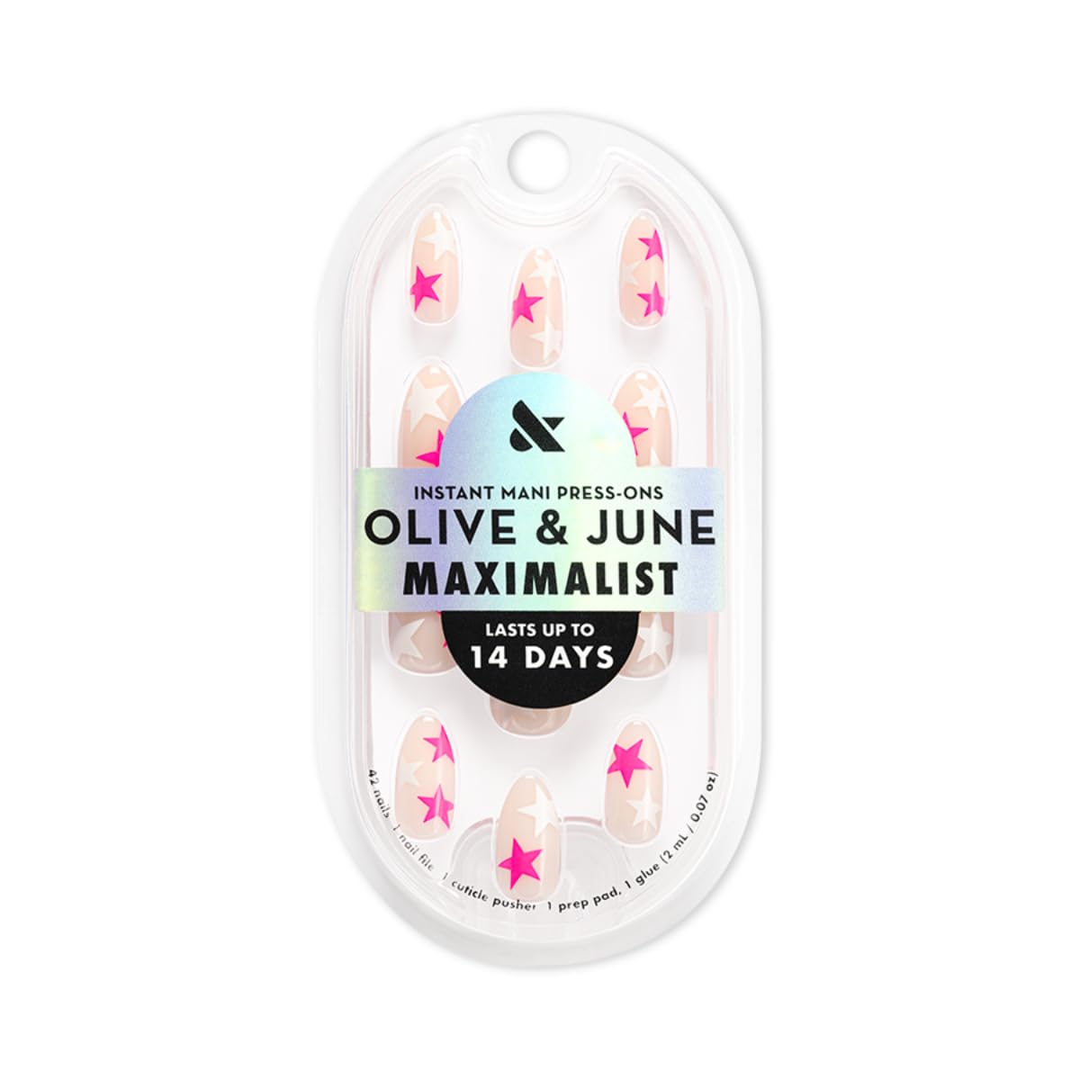 Olive & June Maximalist Instant Mani Press-On Nails (Glue) | 42 Fake Nails, 21 Sizes | Non-Toxic, Long-Lasting Big, Bold Gorgeous Realistic Look | Salon-Quality | Medium, Almond | Neon Star Mixed Pack
