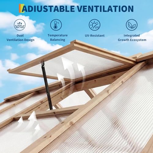 6X12 ft Outdoor Wooden Greenhouse with Lockable Door, Adjustable Roof Vent & Polycarbonate Panels, UV Protection, Large Cedar Wood Walk-in Green House for Garden, Backyard, Patio, Lawn, Light Brown