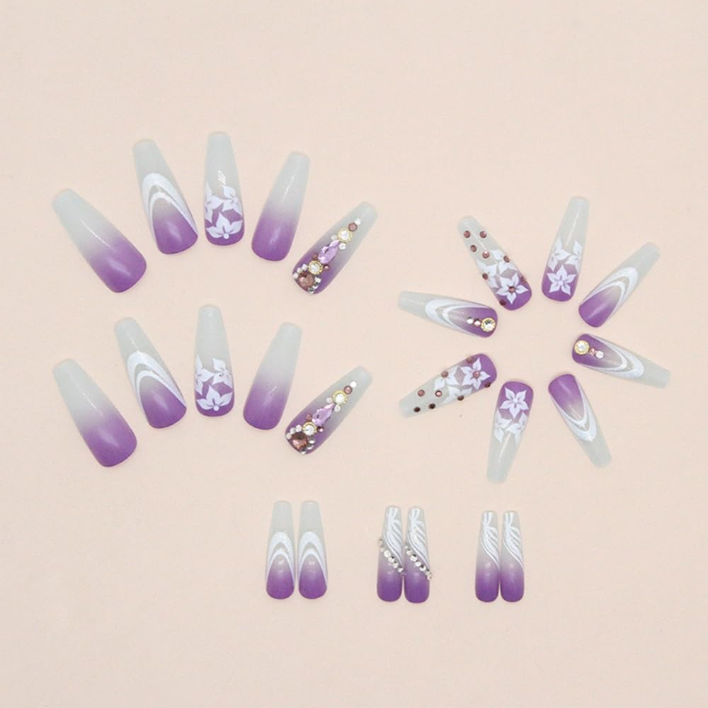 CTTHNBD Press-On Coffin Purple Ombre False Nails with Flower Design - Glue-On Ballerina Acrylic Rhinestone Full Cover Stick-On Artificial Nails - 24Pcs