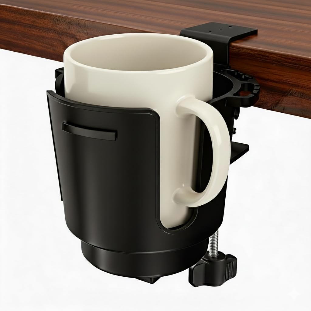 Desk Cup Holder with Large Metal Clamp, Fits Maximum Diameter of 3.38 inches Bottles, Anti-Spill Cup Holder Suitable for Tables, Porch Swings, and Patio Chairs. (Large)