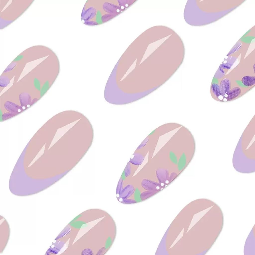 CTTHNBD Short Press on Nails Almond - Purple Fake Nails with Flower Design - Spring, French Tip False Nails - for Women 24 Pcs