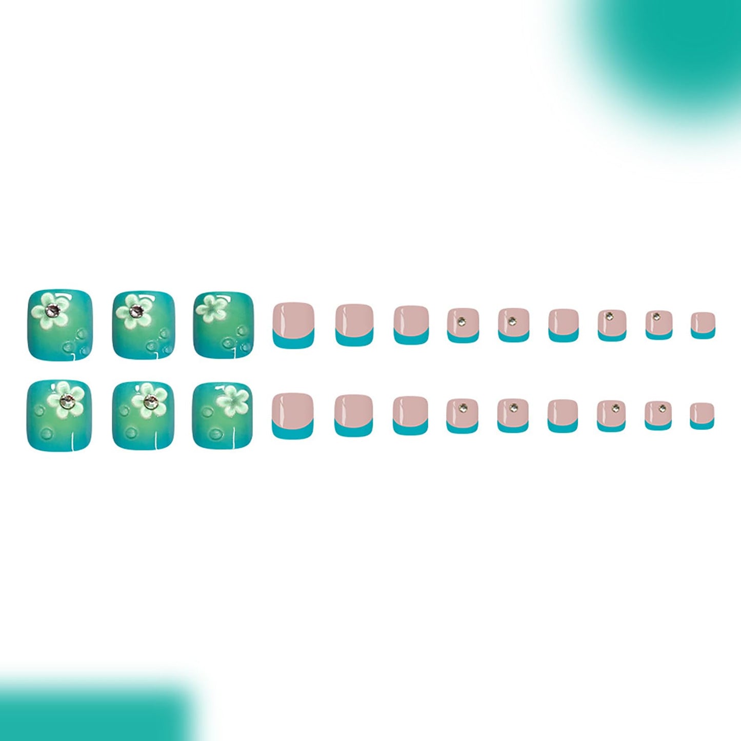 24Pcs Spring Summer Press on Toenails,Short Square Fake Toe Nails Green French with 3D Flower Rhinestones Designs Acrylic Toe Nail Press Ons Full Cover Glossy Stick on Toenails for Women