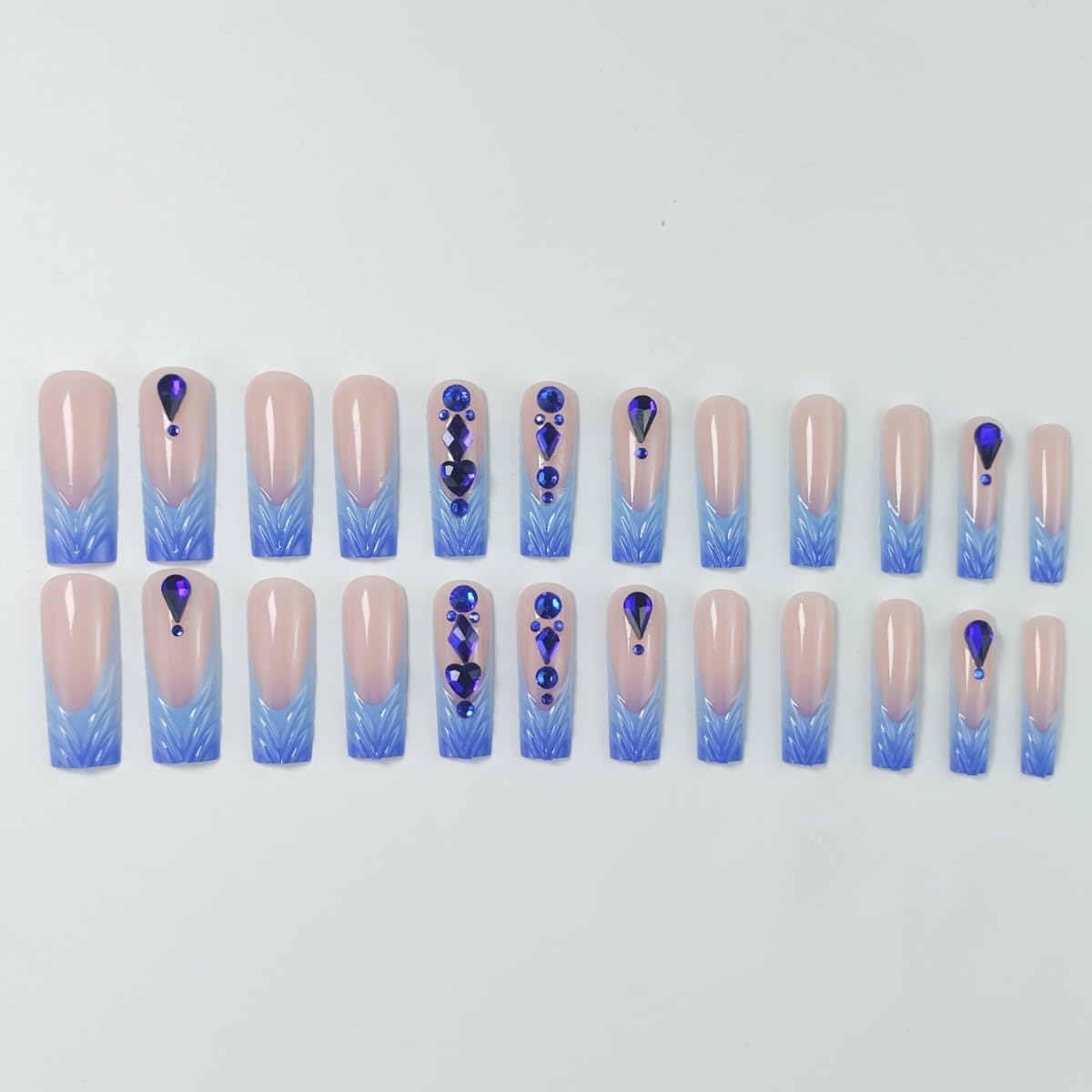 CTTHNBD Blue Press On Long Square French Tip Ombre Acrylic Rhinestone Full Cover Stick On Nails - 24 Pcs