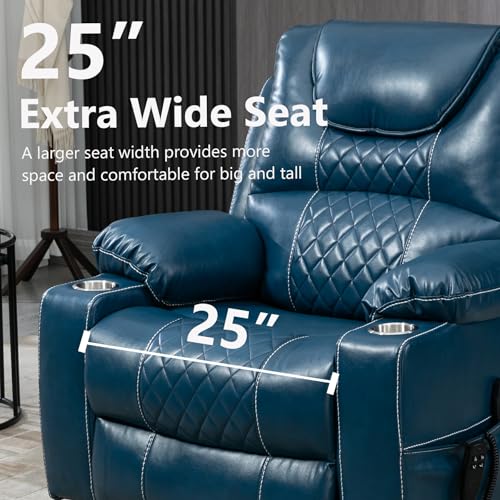 RHHVVR Oversized Power Lift Recliner Chair 400 LBS for Big and Tall, 25" Extra Wide Electirc Recliner Chair Living Room Sofa with Massage and Heating, Dual Motor Leather Home Theater Seat,Blue