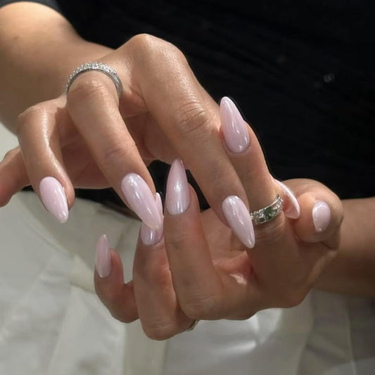 Handmade French tip Press on Nails style long Almond with Glue Stick on Nails for Women Manicure Decoration Aurora Powder 10PCS (MT-142-M)