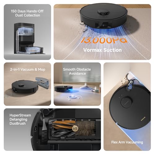 DREAME D20 Pro Plus Robot Vacuum, 13,000Pa Suction, DuoBrush for Pet Hair, Corner Cleaning, Self Emptying, LDS Navigation Laser Avoidance, Vacuum Mop, Hard Floors&Carpets (Black)