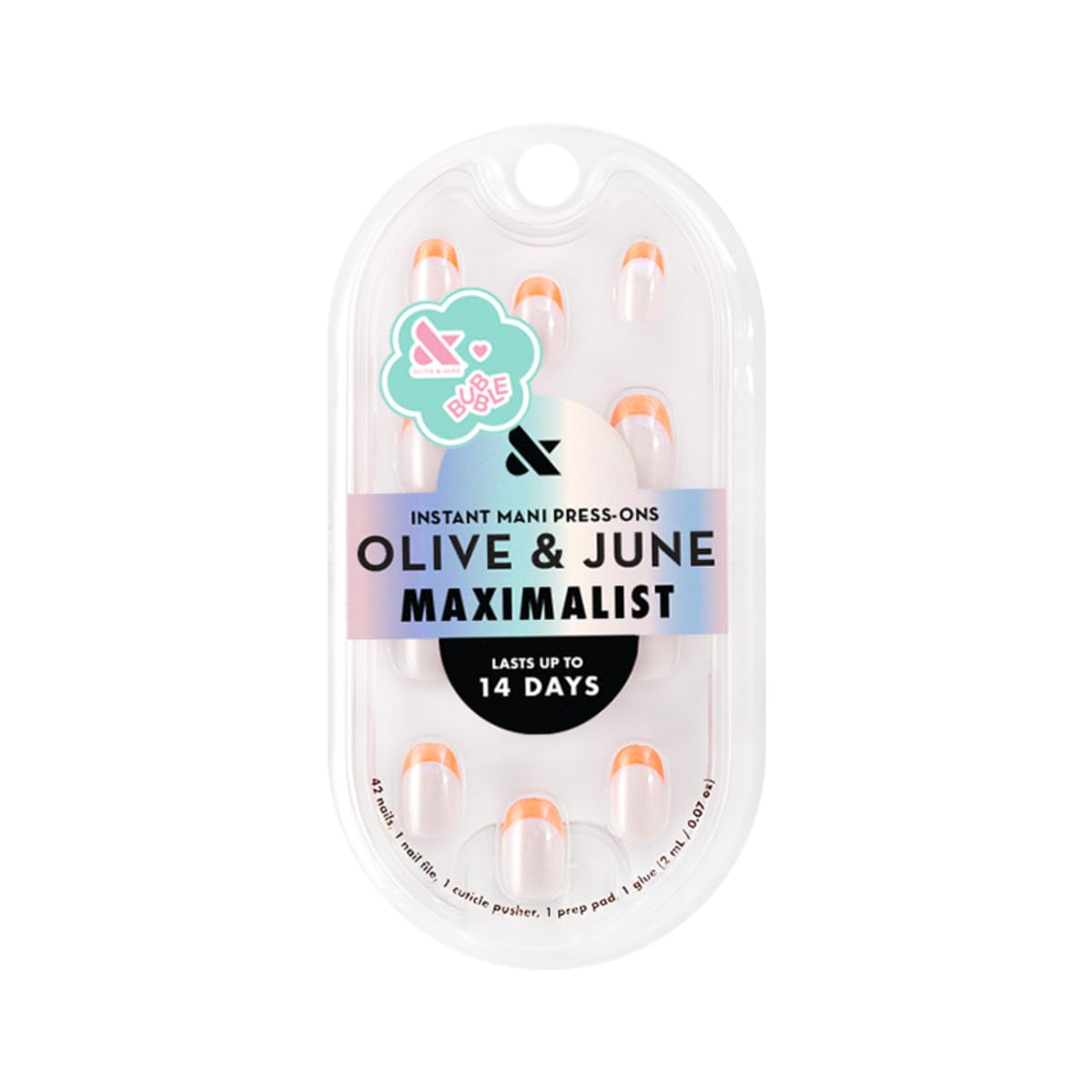 Olive & June Maximalist Instant Mani Press-On Nails (Glue) | 42 Fake Nails, 21 Sizes | Non-Toxic, Long-Lasting Big, Bold Gorgeous Realistic Look | Extra Short, Round | Bounce Back Chrome French