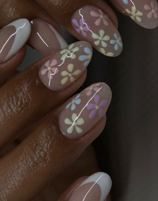 24PCS Cute Oval Press on Nails Set - Nude Gel Fake Nails with Pastel Flower Pattern & White French Tip Full Cover Glossy Spring Summer Cute Glue on Artificial Stick on False Nails for Women Girls