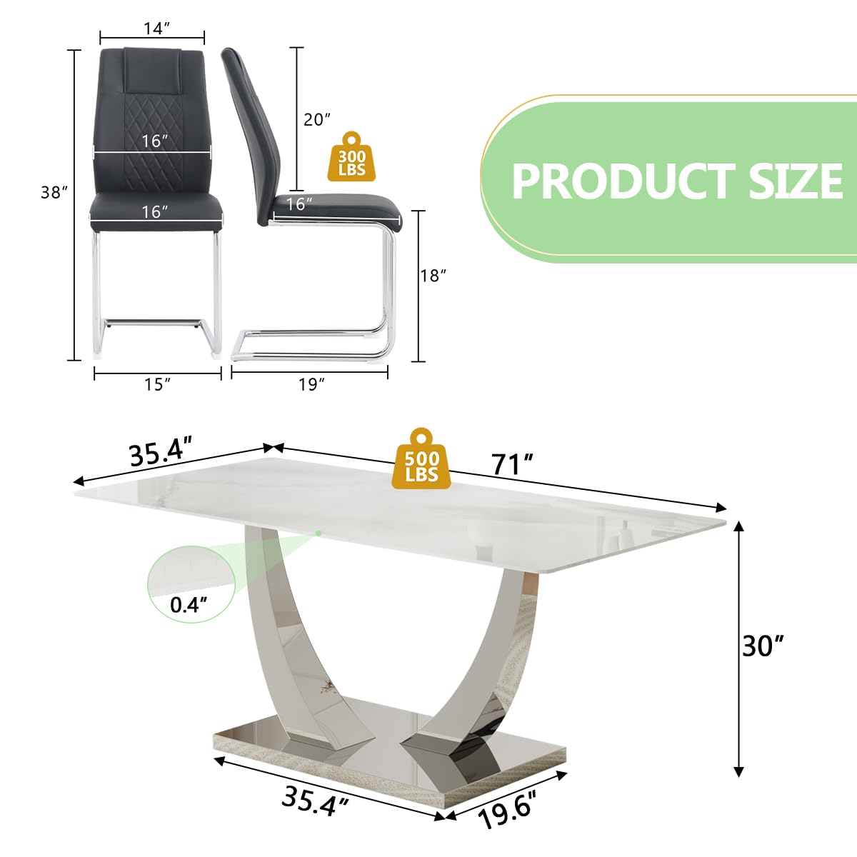 NYEESS 71" Dining Table Set for 8, White Dining Room Table Set with 8 PU Leather Chairs, Rectangular Faux Marble Kitchen Table Set for 8 with Tempered Glass Top and Silver Chrome Base