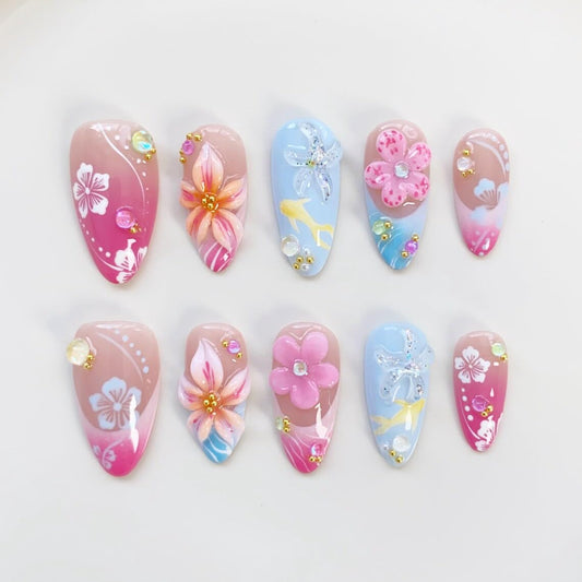 30Pcs Summer Press on Nails Medium Almond French Tip Fake Nails Cute Flower Cherry Blossom False Nails with 3D Pearl & Rhinestones Designs Reusable Pink Blue Acrylic Stick on Nails for Women Manicure