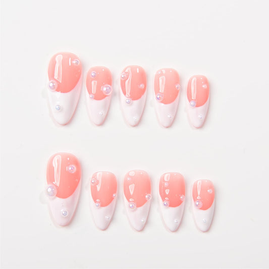 Basic Design with Chrome, French, Light Star Almond Press On Nails, Classic Design Fake Nails for Chrismast Event, Wedding Event, Prom, Party (S009, L)