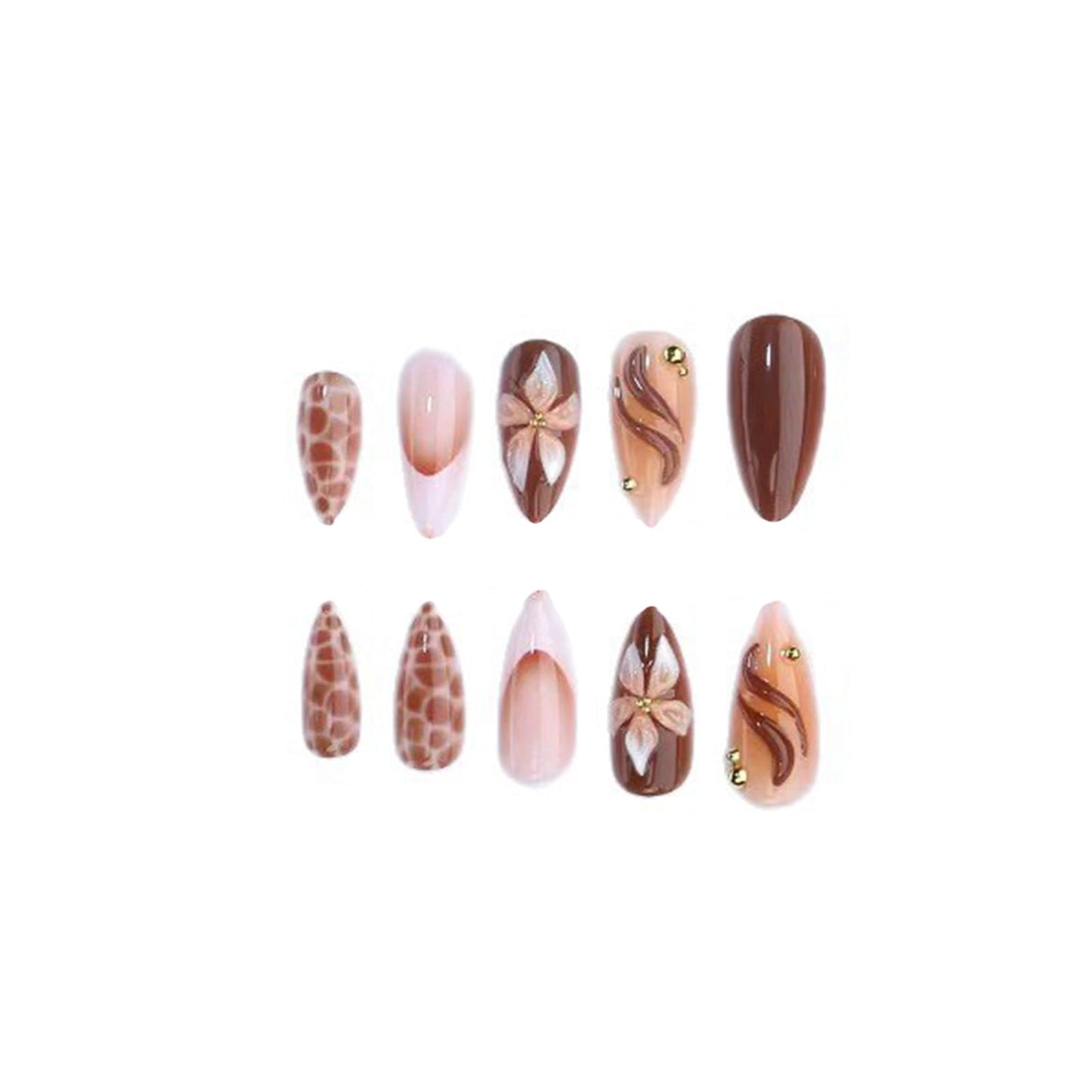 SINHOT Press on Nails - Medium Almond Fake Nails, Glossy Finish, 3D Flower & Brown Swirl, DIY Artificial False Nail Art - 24 Pcs Nail Kit with Glue