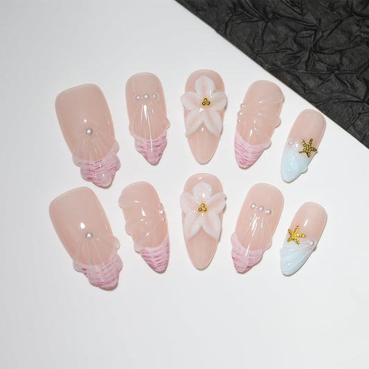 10Pcs Medium Almond Handmade Press On Nails | Easy Apply & Remove, Reusable Salon Quality Nails | Sheer Nude Beach Themed Fake Nails with 3D Seashell & Floral Accents (A022, S)