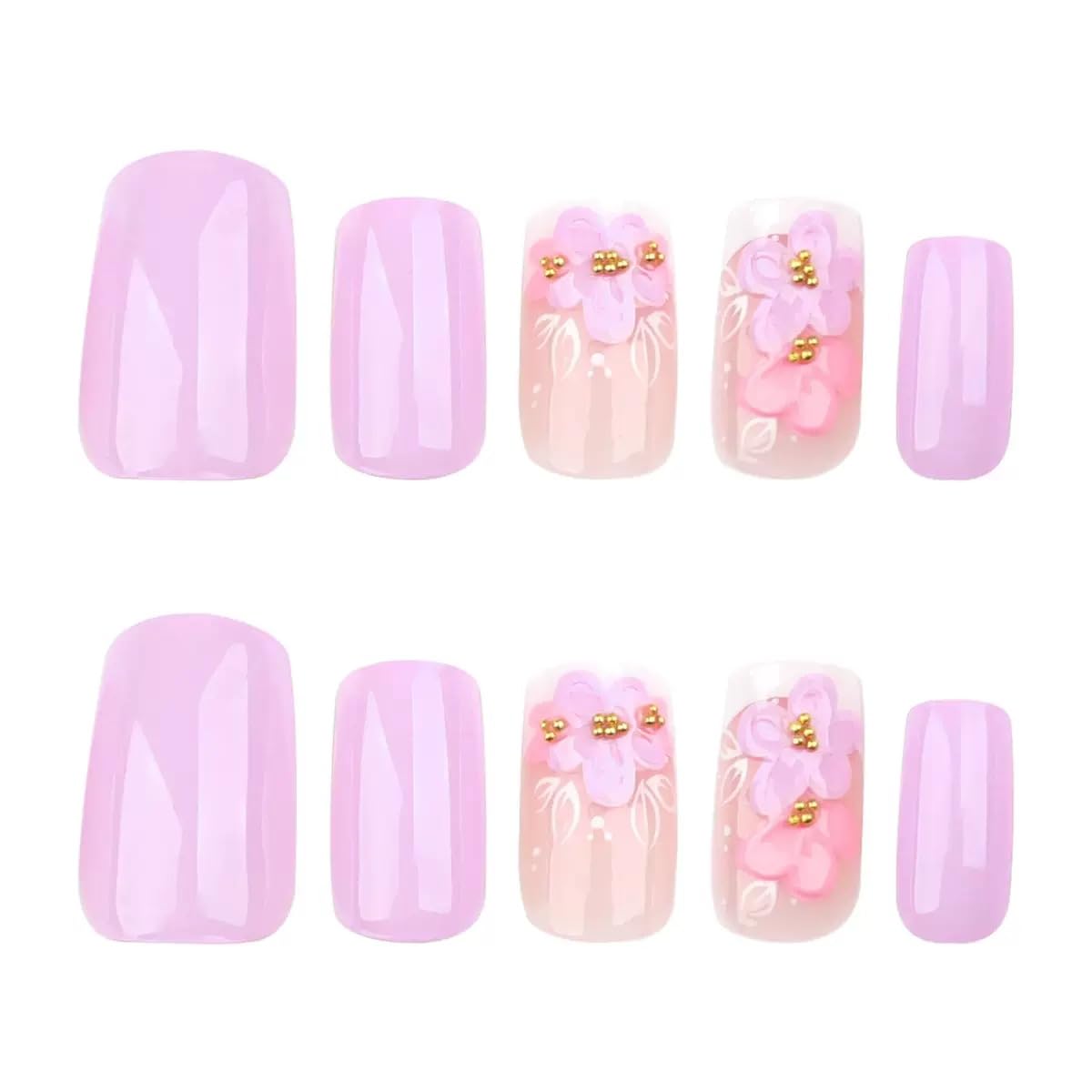 CTTHNBD Press on Nails - Medium Square Fake Nails with Floral Design - Purple Full Cover Stick on False Nails - for Women 24 Pcs