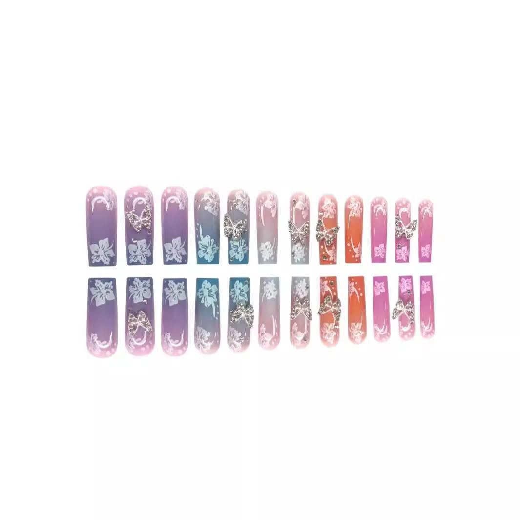 CTTHNBD Press on Nails Long Square & Fake Toenails Set, Flower Butterfly Charms Design - Spring Press on Toe Nails for Women - 48 Pcs