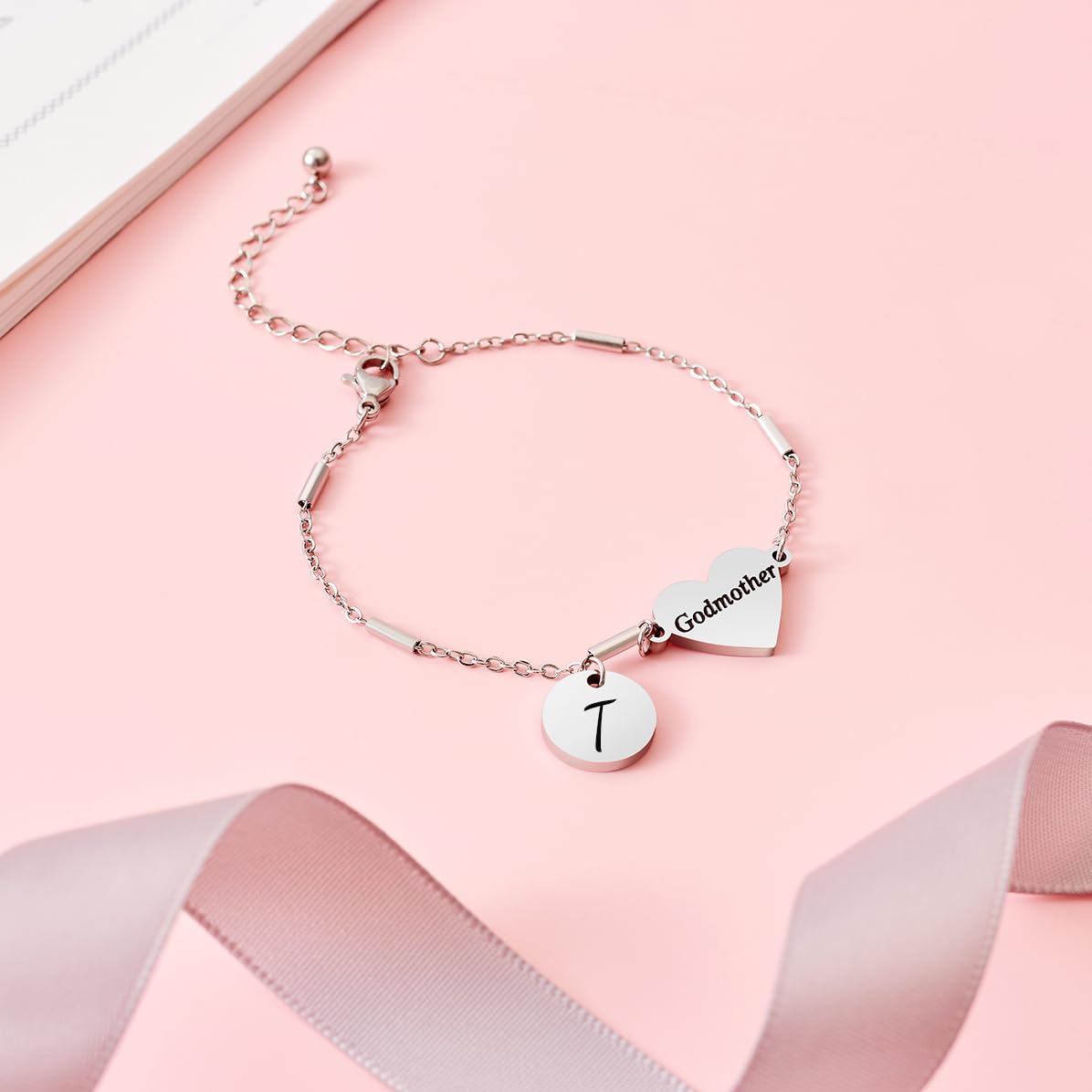 CHENVA Godmother Gifts Initial Bracelet Bangle for Women Gift for Godmother from Goddaughter (Godmother Bracelet T)