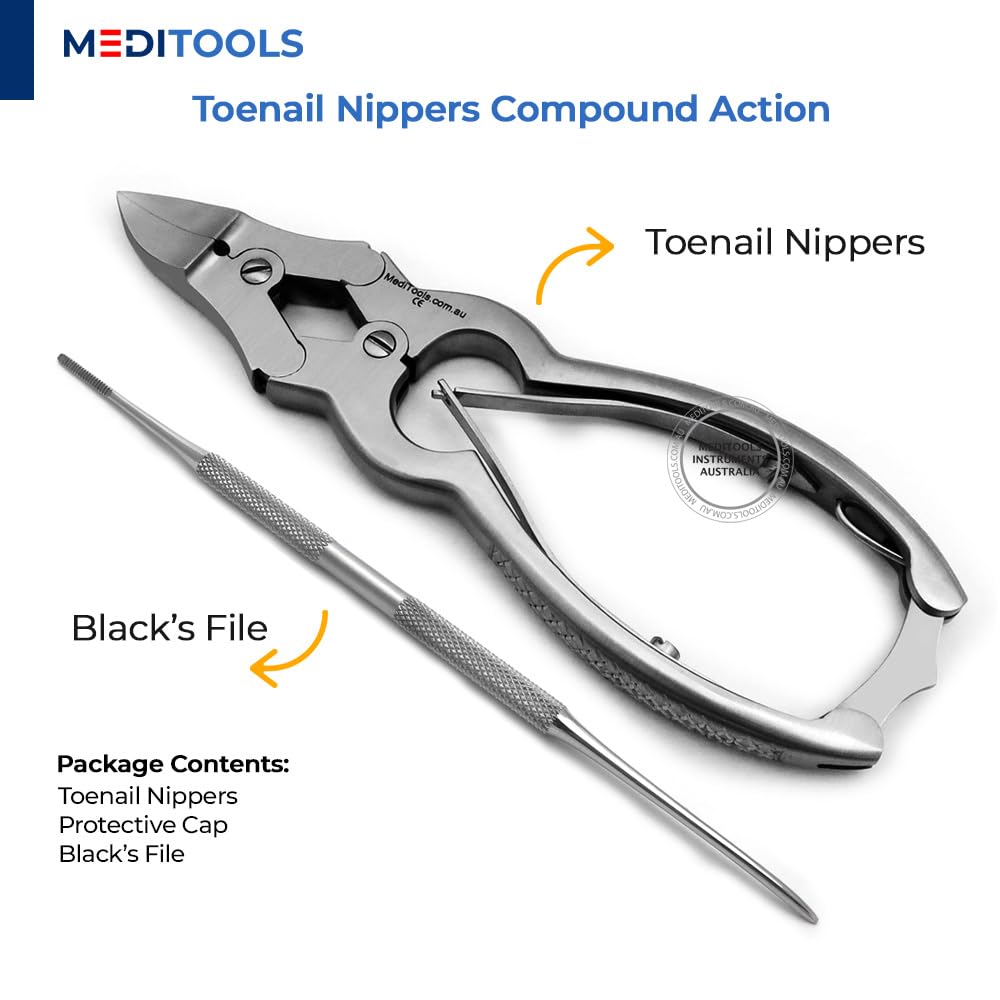 MediTools-Toenail Nippers, Clippers, Double Action, Heavy Duty Toenail Cuter for Thick Nails, Pedicure, Manicure, Podiatrist's Nippers, Concave Jaws, Ingrown Nails Cutter, Stainless Steel, Premium