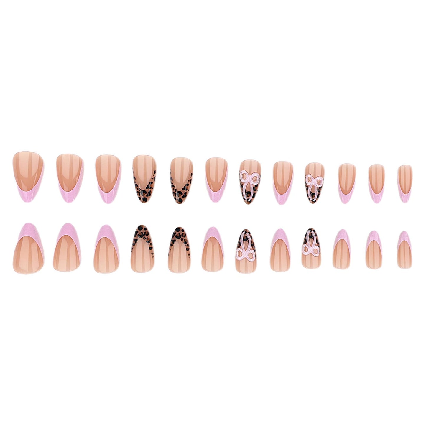 SINHOT Press on Nails - Medium Almond Fake Nails, Glossy Finish, 3D Pink Bowknot & Cheetah Print, DIY Artificial False Nail Art - 24 Pcs Nail Kit with Glue