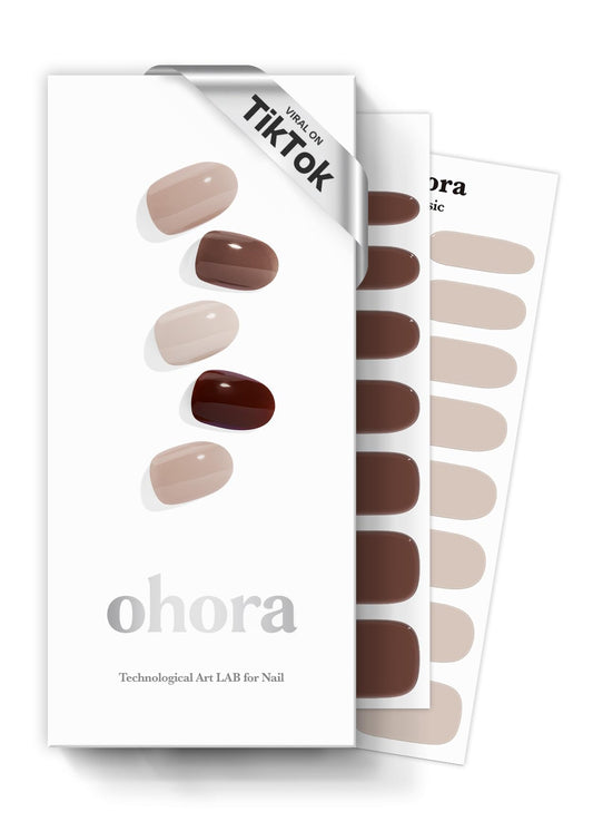 ohora Semi Cured Gel Nail Strips (N Roasting) - Brown, Solid, Works with Any UV/LED Lamps, Salon-Quality, Long Lasting, Easy to Apply & Remove - Includes 2 Prep Pads, Nail File & Wooden Stick